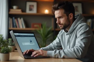 Homme utilisant un navigateur anonyme sur un ordinateur portable dans un bureau à domicile moderne