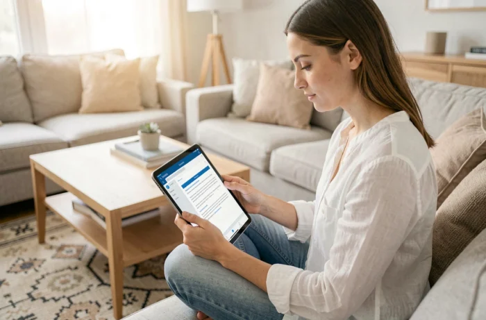 Jeune femme utilisant une tablette pour accéder à son compte MyArkevia depuis son salon en suivant un guide pratique