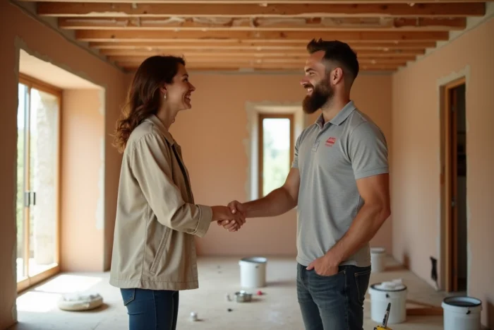 Propriétaire et entrepreneur se serrant la main dans un intérieur en cours de rénovation, symbolisant une garantie de chantier sécurisée