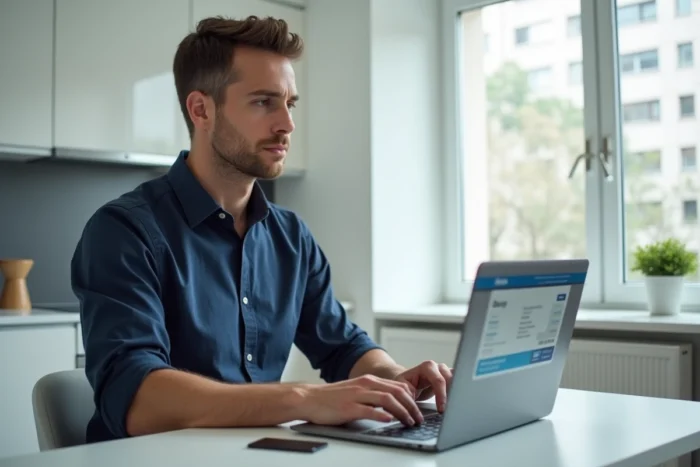 Homme utilisant un ordinateur portable pour finaliser un achat Zalando avec paiement fractionné