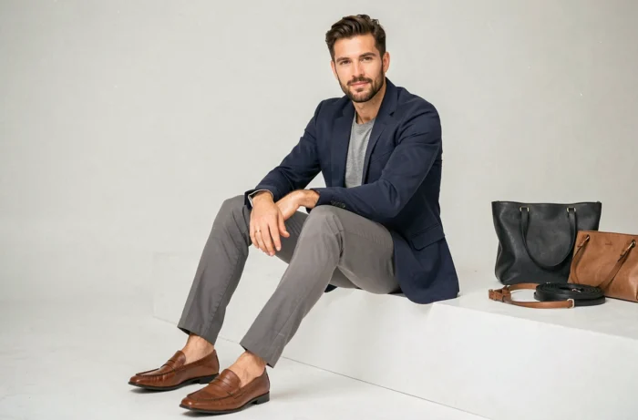 Acteur masculin de publicité Zalando 2025 en blazer marine dans un studio de mode minimaliste