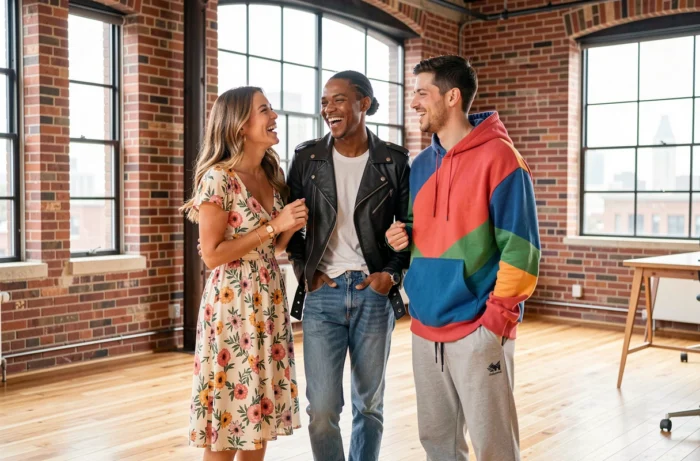Groupe de trois acteurs et actrices de publicité Zalando 2025 en tenues de mode dans un loft contemporain