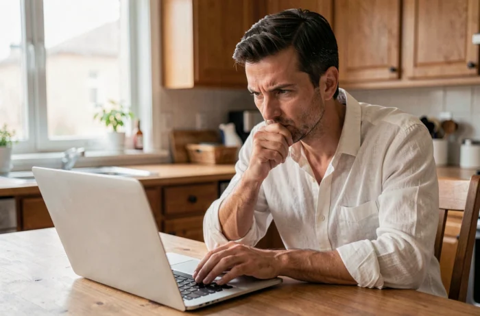 Homme utilisant discrètement la fonction Coup de coeur secret sur Facebook Dating pour tester une liste ciblée d'amis