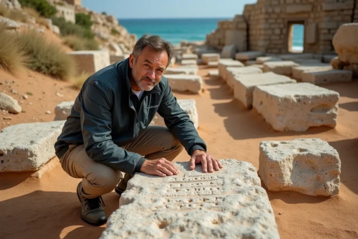 Homme explorant des ruines archéologiques en pierre au bord de la mer Méditerranée lors d'une activité culturelle incontournable