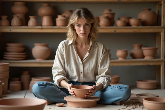 Femme concentrée pratiquant la poterie dans un atelier artisanal lors d'une activité de week-end créatif
