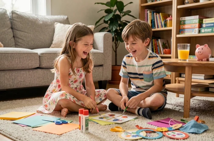Due bambini che fanno attività creative DIY a casa per divertirsi senza spendere soldi
