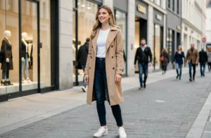 Actrice de publicité Zalando 2025 portant un trench beige et des sneakers blanches dans une rue européenne moderne