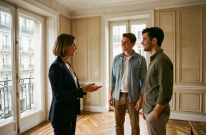 Agent immobilier présentant un appartement haussmannien à un couple dans le marché immobilier parisien