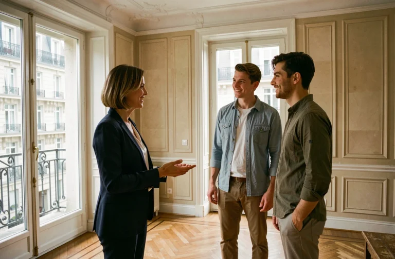 Agent immobilier présentant un appartement haussmannien à un couple dans le marché immobilier parisien