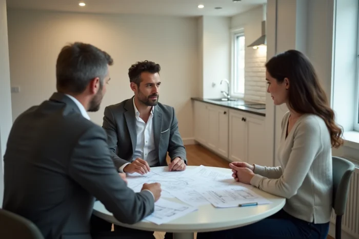 Agent immobilier présentant un contrat de location de cave aménagée à un jeune couple dans un studio sous-sol