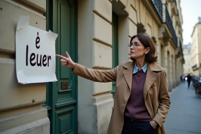 Agente immobilière devant un immeuble parisien avec une annonce de location informelle non réglementée