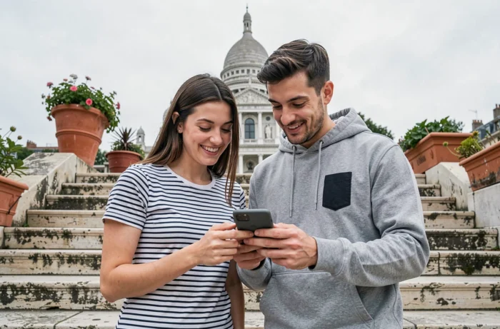 Two friends consulting a mobile application to explore Montmartre in Paris together