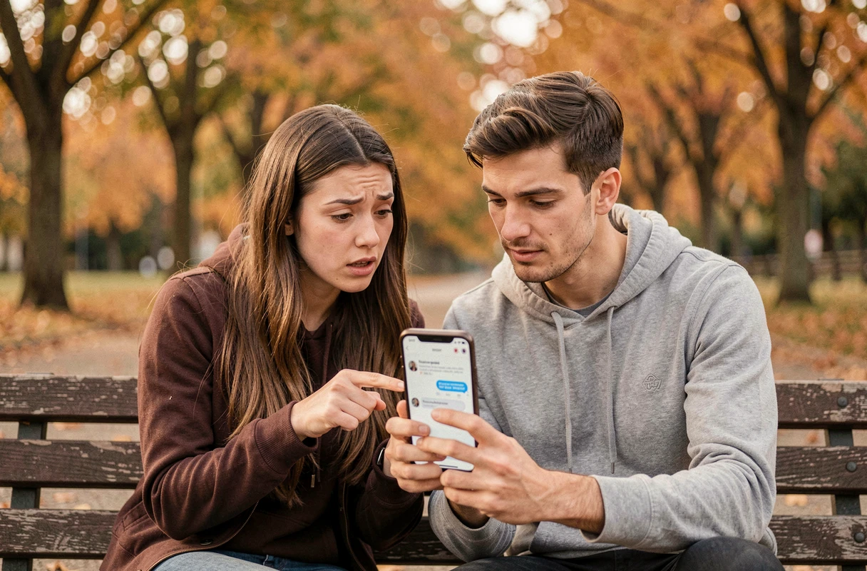 Deux amis analysant ensemble une conversation Messenger pour détecter une mise en sourdine sur un banc de parc