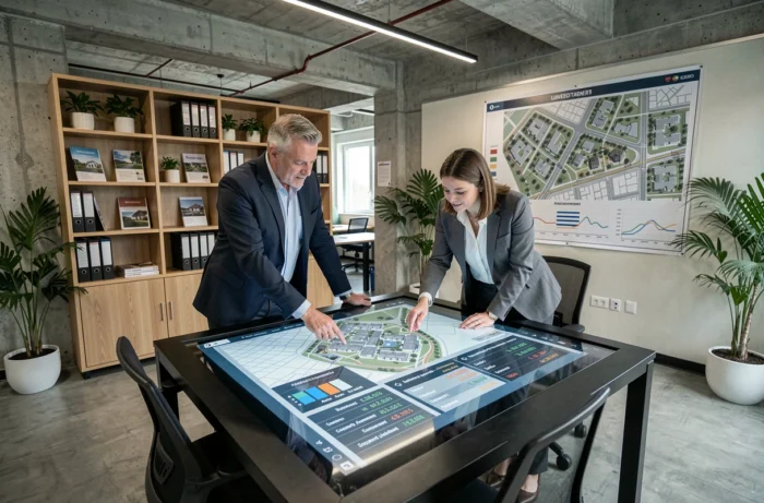 Deux experts immobiliers analysant des données d'investissement sur un écran interactif dans un bureau moderne