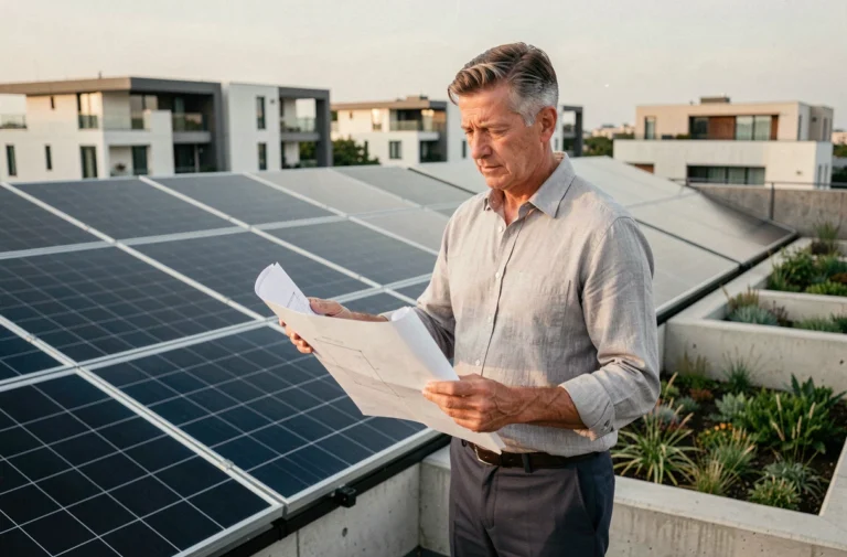 Architecte sur un toit solaire urbain examinant des plans de construction pour un projet immobilier durable