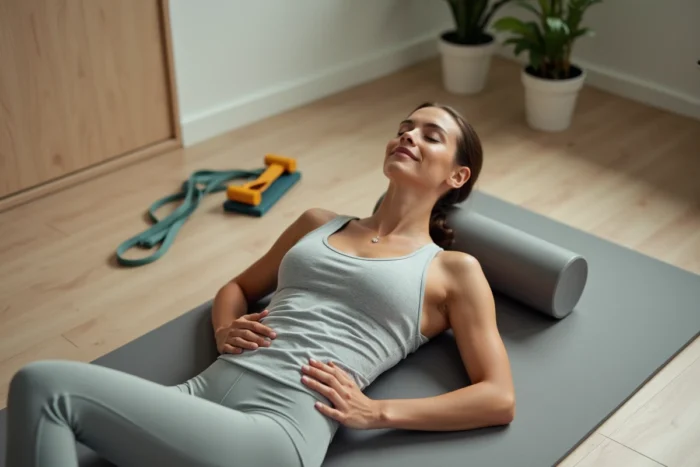 Athlète féminine en récupération musculaire sur un tapis de physiothérapie pour réduire les enzymes hépatiques