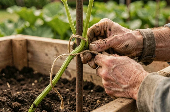 Mains de jardinier attachant une tige de courge butternut à un tuteur métallique avec de la ficelle de jute dans un potager surélevé