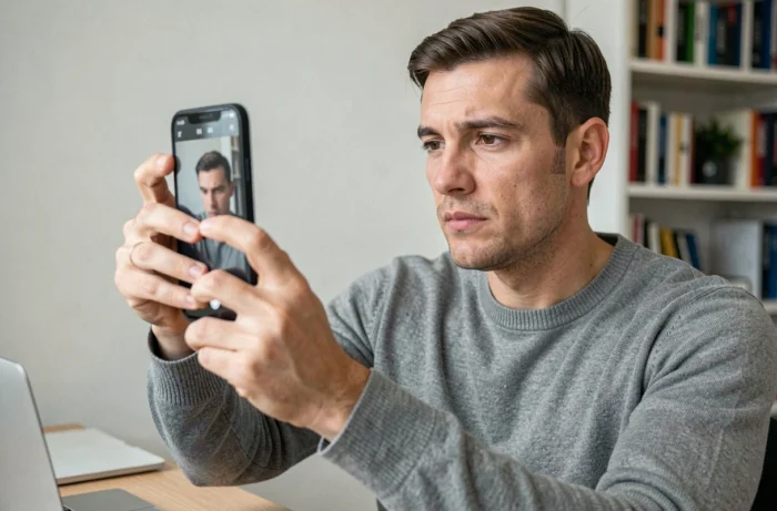 Homme enregistrant un selfie vidéo sur son téléphone pour le badge de vérification de profil Facebook Dating