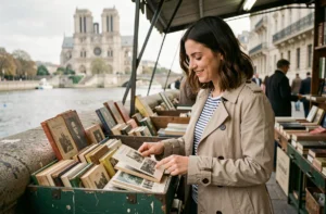 Jeune femme parcourant les bouquinistes au bord de la Seine à Paris, découvrant des livres vintage et des cartes postales anciennes