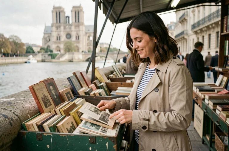 Jeune femme parcourant les bouquinistes au bord de la Seine à Paris, découvrant des livres vintage et des cartes postales anciennes