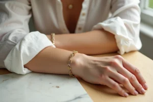 Bracelet Gigi Clozeau en fil coloré avec perles en or jaune 18 carats porté au poignet d'une femme sur fond de bois clair