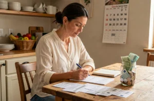 Mère de famille assise à la table de cuisine en train de planifier le budget familial avec des reçus et un carnet de notes