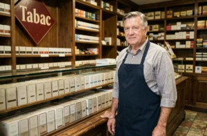 Buraliste derrière le comptoir d'un bureau de tabac français avec des paquets de cigarettes en présentation neutre standardisée