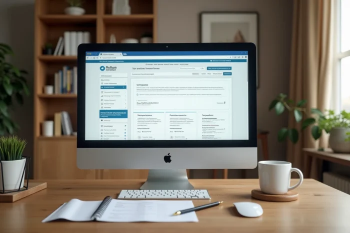 Bureau à domicile avec écran affichant un site de suivi de demande CNAPS, checklist imprimée et stylo sur un bureau en bois