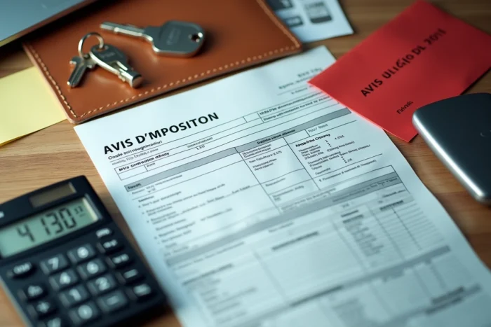Bureau avec formulaire fiscal français, avis d'imposition et clés d'appartement illustrant les risques de la location non déclarée