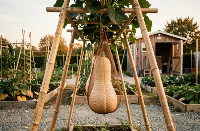 Courge butternut mûre suspendue dans un filet de soutien sur une structure en bambou en A dans un jardin partagé en automne