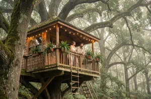 Couple sur le balcon d'une cabane dans les arbres nichée dans une forêt dense, entourée de mousses et de brume naturelle