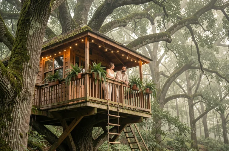 Couple sur le balcon d'une cabane dans les arbres nichée dans une forêt dense, entourée de mousses et de brume naturelle