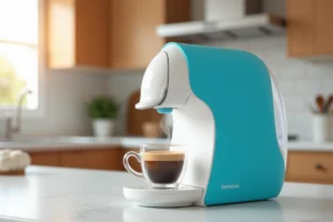 Cafetière Senseo posée sur un plan de travail de cuisine moderne avec une tasse de café fumante