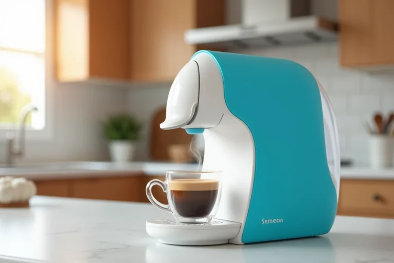 Cafetière Senseo posée sur un plan de travail de cuisine moderne avec une tasse de café fumante