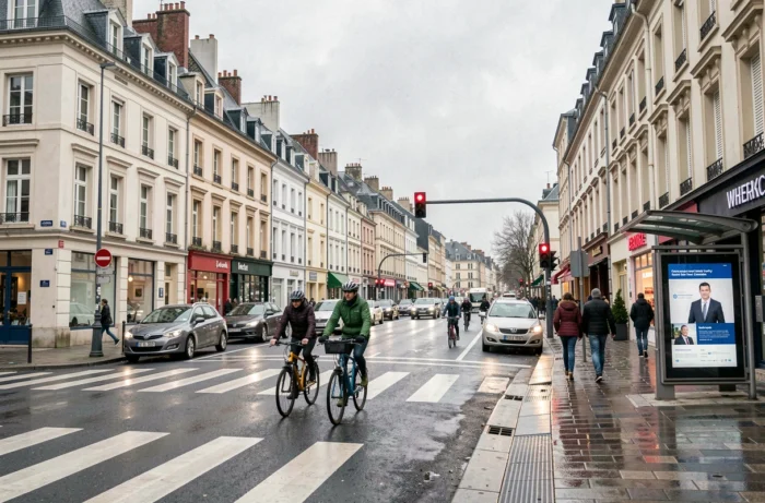 Carrefour urbain animé en périphérie de Rennes avec cyclistes, piétons et voitures aux heures de pointe