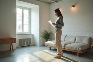 Femme tenant un contrat de location dans une cave aménagée en logement avec sol en béton ciré et fenêtre sur rue