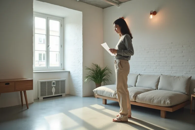Femme tenant un contrat de location dans une cave aménagée en logement avec sol en béton ciré et fenêtre sur rue
