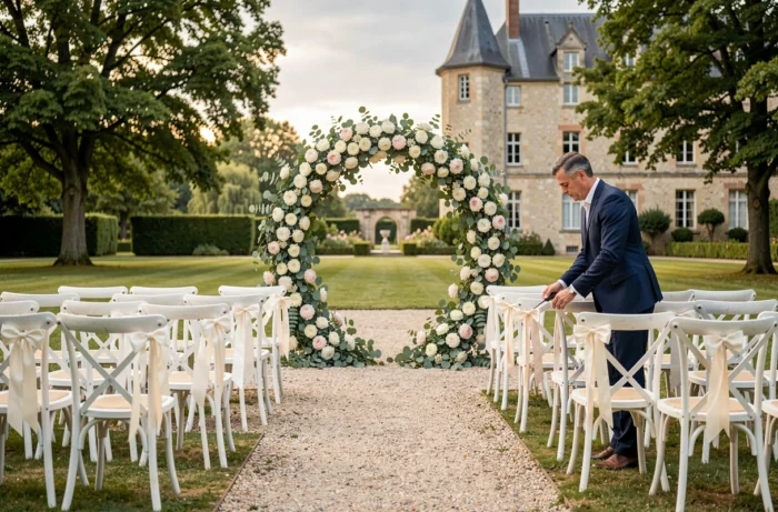 Coordinateur de mariage préparant une cérémonie élégante en plein air dans un jardin de château français avec arche florale