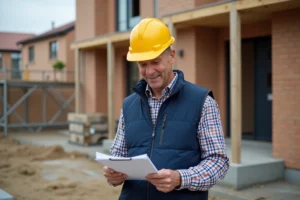 Chef de chantier examinant des documents de garantie devant un chantier de construction résidentiel en cours