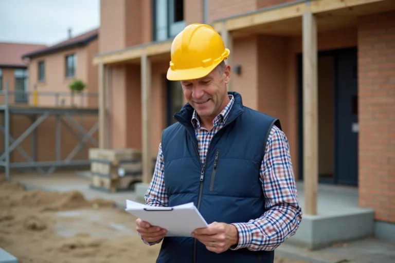 Chef de chantier examinant des documents de garantie devant un chantier de construction résidentiel en cours