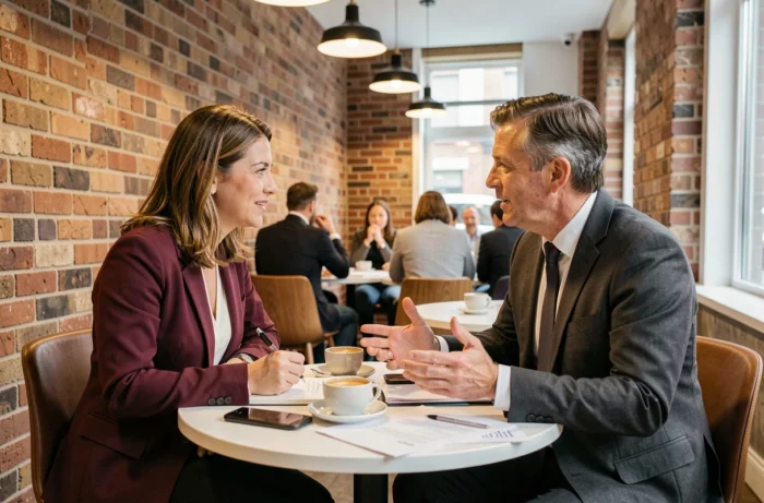 Commercial coaching session between an experienced trainer and a professional in career transition in a modern café