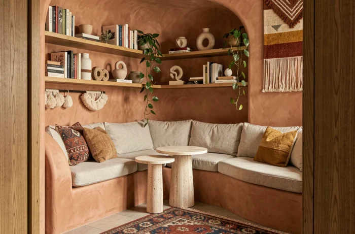 Cozy reading nook with terracotta plaster alcove, linen cushions, and decorative shelves in trendy interior style 2024