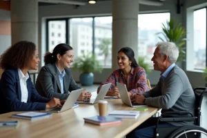 Équipe multiculturelle et inclusive en réunion de travail autour d'une table de conférence moderne