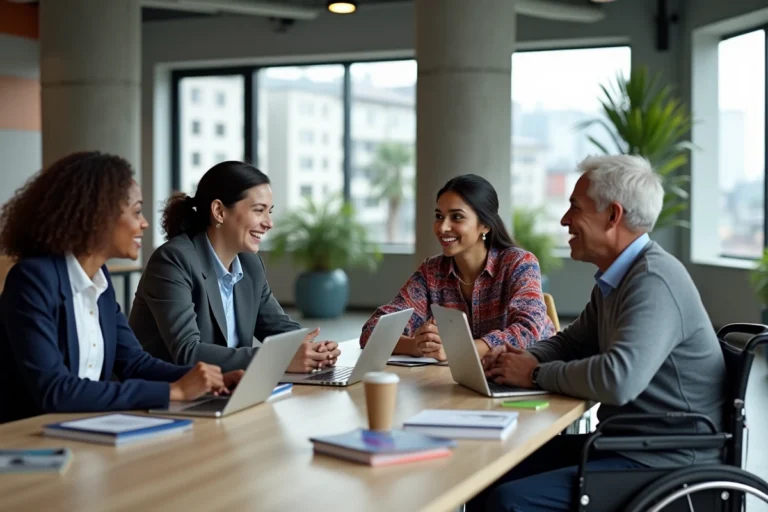 Équipe multiculturelle et inclusive en réunion de travail autour d'une table de conférence moderne