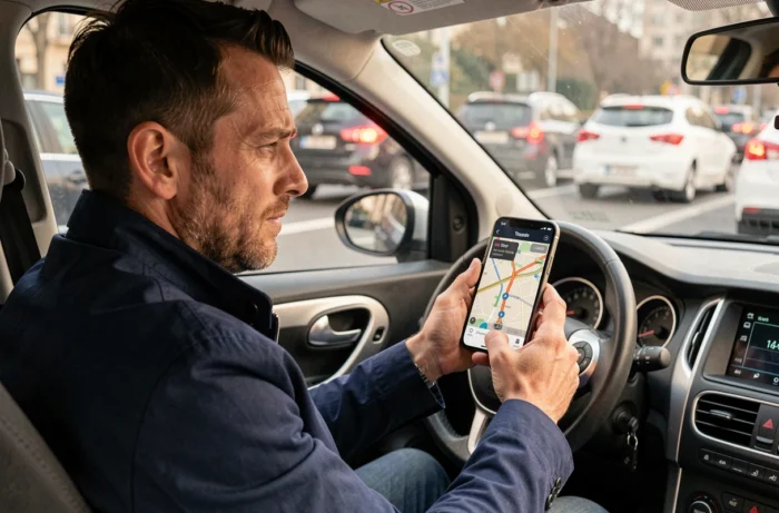Conducteur consultant son GPS sur smartphone pour éviter les bouchons autour de Rennes