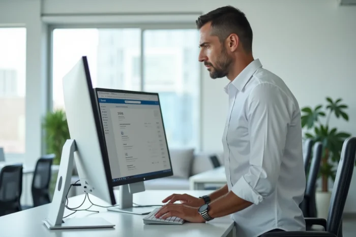 Professionnel configurant des paramètres de confidentialité réseau sur un ordinateur de bureau en open space