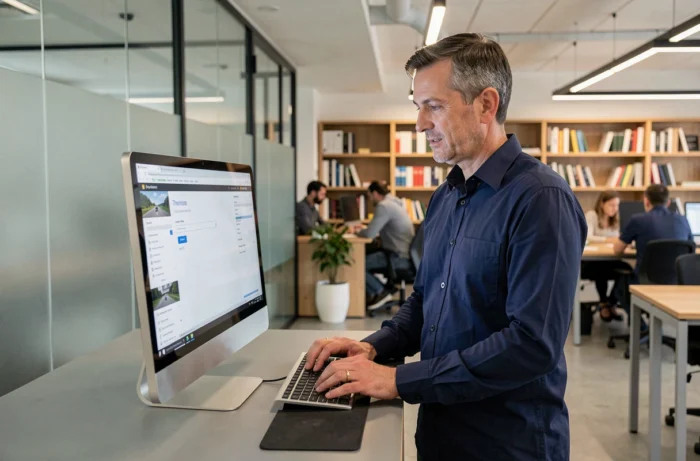 Homme se connectant à son espace MyArkevia depuis un bureau en open space professionnel sur ordinateur de bureau