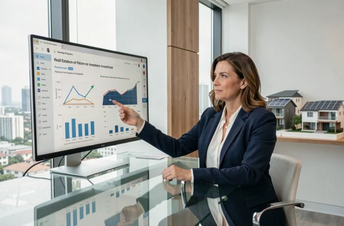 Conseillère en investissement immobilier solaire analysant des graphiques de rentabilité dans un bureau moderne