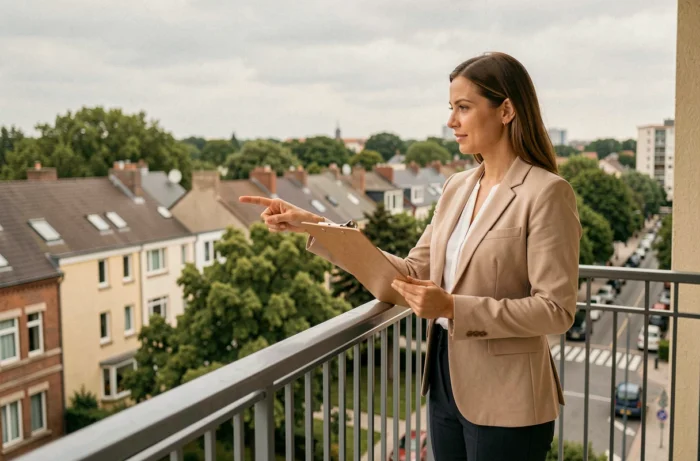 Consultante immobilière évaluant un bien résidentiel en terrasse avec vue sur le quartier