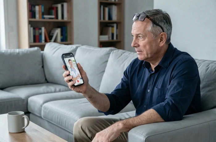Homme consultant un médecin en ligne via smartphone dans son salon
